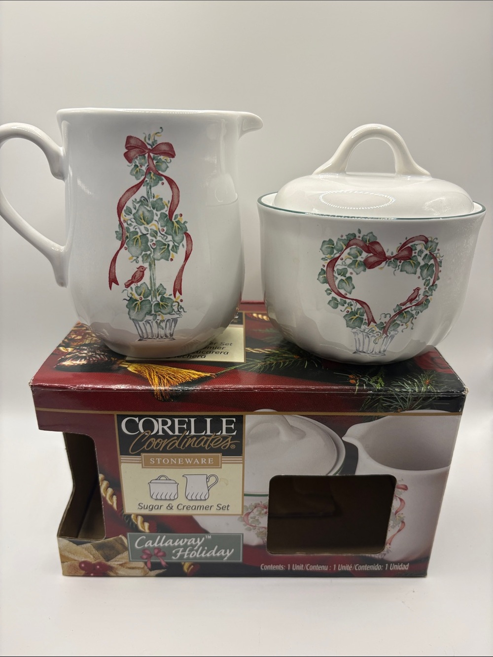 Corelle White Vintage Sugar and Creamer Set Red Ribbon and Green Holly Motif